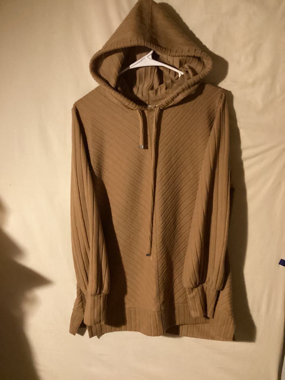 5141 Nine West Camel Ribbed Diagonal Knit Tunic Hoodie Size Large